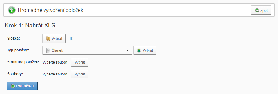 hromadné vytvoření položek
